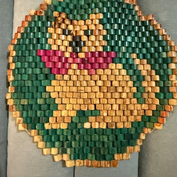 Vintage Dog Wood Beaded Trivet Hot Plate Double-Sided Green Brown - Picture 2 of 4